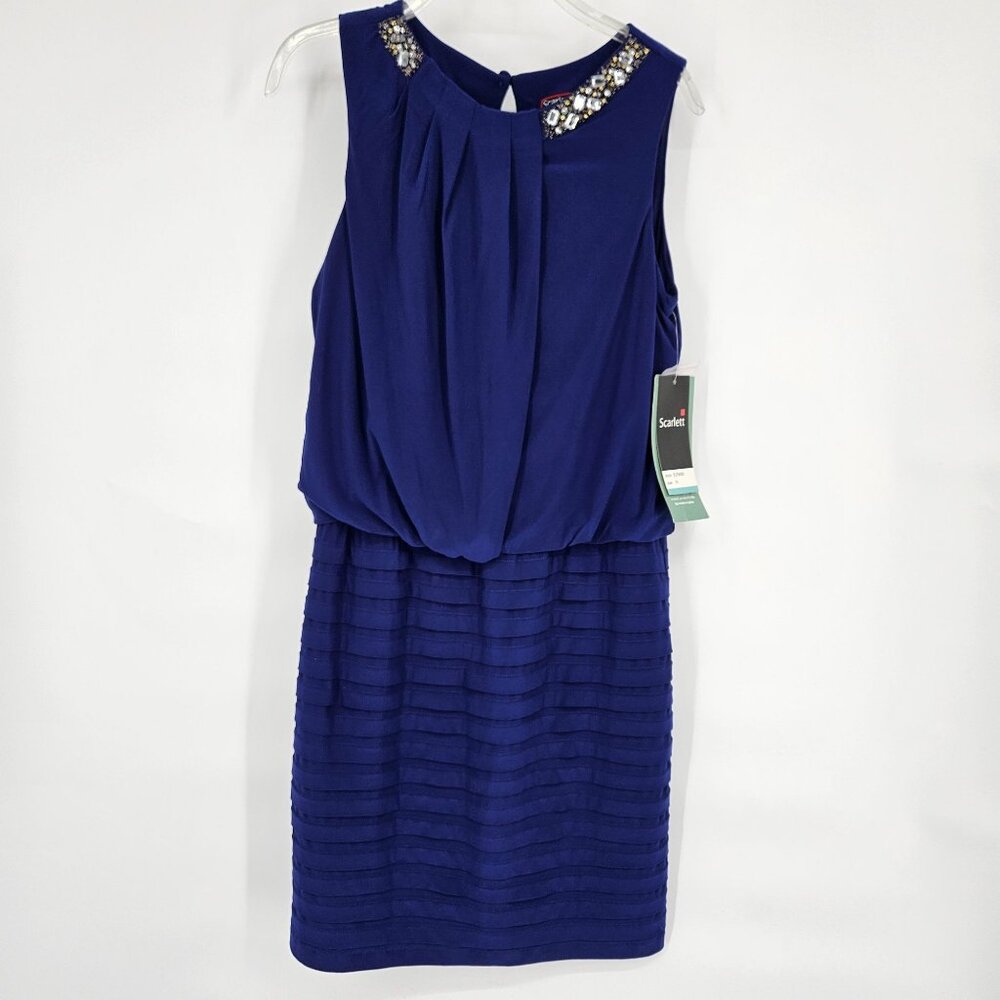 Scarlett Cocktail Midi Dress 10 Blue Sleeveless Pleated Bead Bling Party NEW - Picture 2 of 13